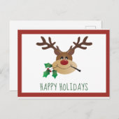 Happy Holidays Niedlich Reindeer Mistletoe Red Gre Postkarte (Vorne/Hinten)