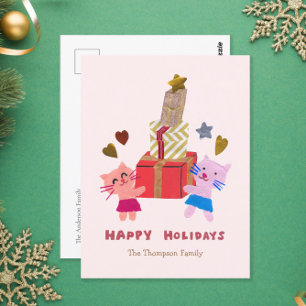 Happy Holidays Niedliche Katzen mit Geschenken in Feiertagspostkarte