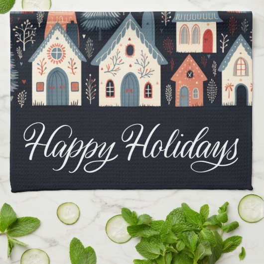 Happy Holidays Nordic Christmas Village Pattern Geschirrtuch (Gefaltet)