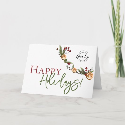 Happy Holidays Oranges wreath leaves Custom Logo  Karte (Vorderseite)