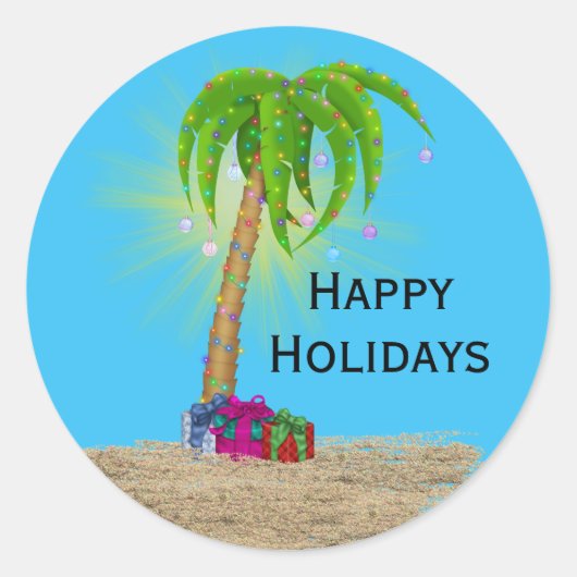 Happy Holidays Palm Tree in Sand Runder Aufkleber (Vorderseite)