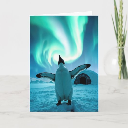 Happy Holidays Penguin Under Northern Lights Karte (Vorderseite)