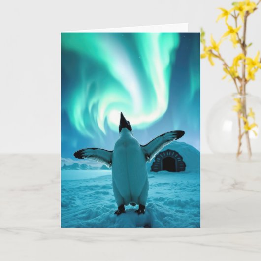 Happy Holidays Penguin Under Northern Lights Karte (Gelbe Blume)