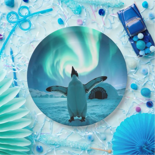 Happy Holidays Penguin Under Northern Lights Pappteller (Party)
