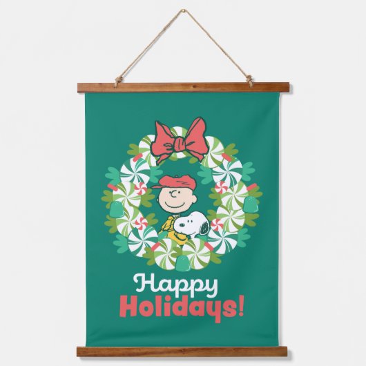 Happy Holidays | Peppermint Candy Wreath Wandteppich Mit Holzrahmen (Vorderseite)