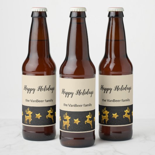 Happy Holidays Personalisiert Gold Rentier Bierflaschenetikett (Flaschen)