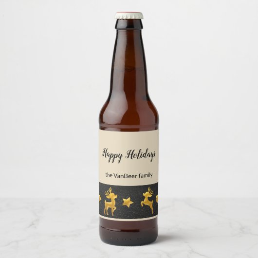 Happy Holidays Personalisiert Gold Rentier Bierflaschenetikett (Vorderseite)