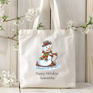 Happy Holidays Personalisierter Name Snowman Rodel Tragetasche