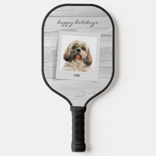 Happy Holidays Pet Foto Script Rustikal Pickleball Schläger (Vorderseite)