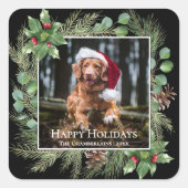 Happy Holidays Pet Photo Wreath Quadratischer Aufkleber (Vorderseite)
