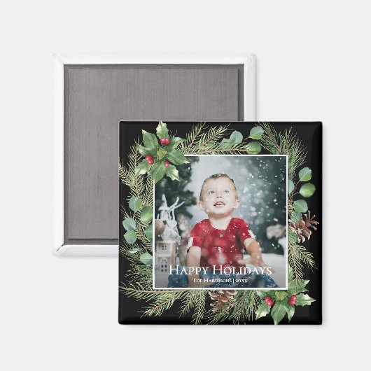 Happy Holidays Photo Greenery Square Magnet (Vorderseite/Rückseite)