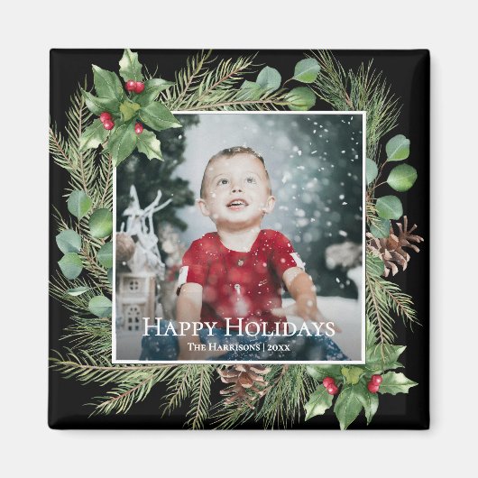 Happy Holidays Photo Greenery Square Magnet (Vorne)