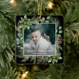 Happy Holidays Photo Wreath Botanical Christmas Keramikornament