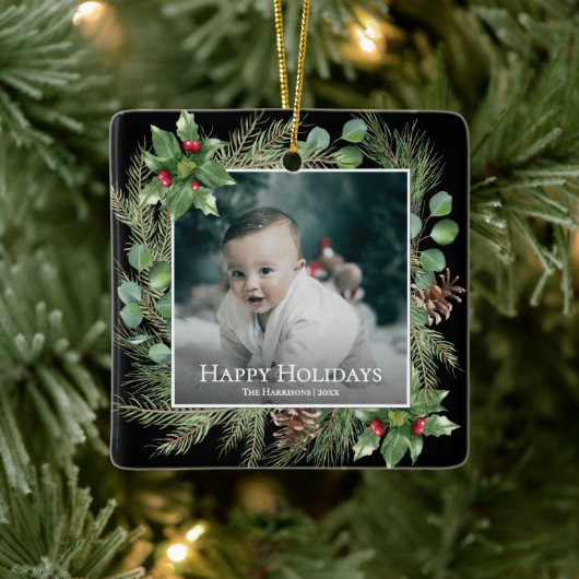 Happy Holidays Photo Wreath Botanical Christmas Keramikornament (Baum)