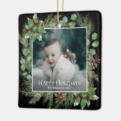 Happy Holidays Photo Wreath Botanical Christmas Keramikornament (Links)
