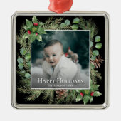 Happy Holidays Photo Wreath Botanical Christmas Ornament Aus Metall (Vorne)
