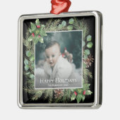 Happy Holidays Photo Wreath Botanical Christmas Ornament Aus Metall (Links)