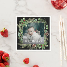 Happy Holidays Photo Wreath Botanical Christmas Serviette