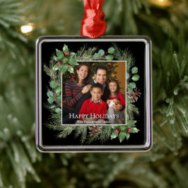Happy Holidays Photo Wreath Botanical Ornament Aus Metall