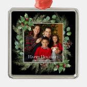 Happy Holidays Photo Wreath Botanical Ornament Aus Metall (Vorne)