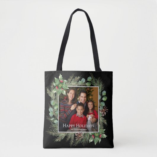 Happy Holidays Photo Wreath Botanical Tasche (Vorderseite)