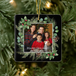 Happy Holidays Photo Wreath Greenery Keramikornament