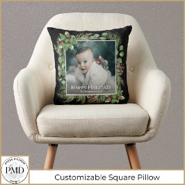 Happy Holidays Photo Wreath Greenery Kissen