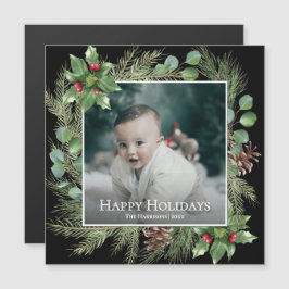 Happy Holidays Photo Wreath Greenery Magnetic Card Magnetkarte