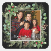 Happy Holidays Photo Wreath Greenery  Quadratischer Aufkleber (Vorderseite)
