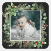 Happy Holidays Photo Wreath Greenery Quadratischer Aufkleber (Vorderseite)