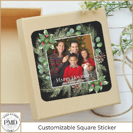 Happy Holidays Photo Wreath Greenery Quadratischer Aufkleber