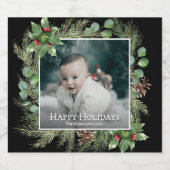 Happy Holidays Photo Wreath Greenery  Schaumweinetikett (Einzelnes Label)