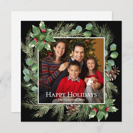 Happy Holidays Photo Wreath Greenery Square Card (Vorne/Hinten)