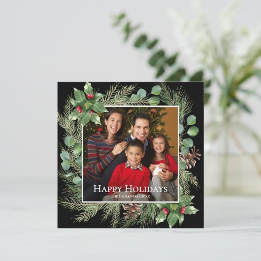 Happy Holidays Photo Wreath Greenery Square Card (Stehend Vorderseite)