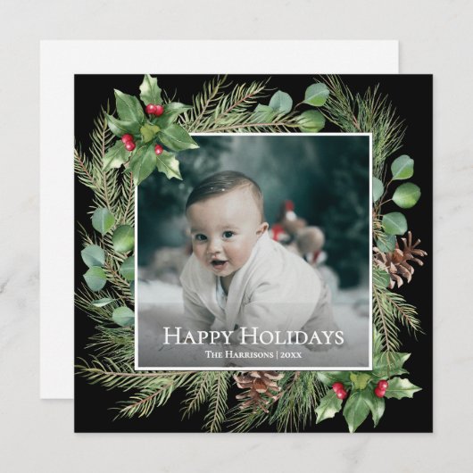 Happy Holidays Photo Wreath Square Christmas Card (Vorne/Hinten)