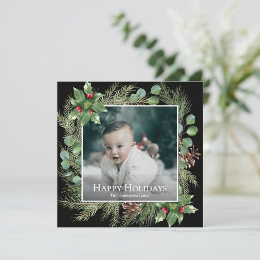 Happy Holidays Photo Wreath Square Christmas Card (Stehend Vorderseite)