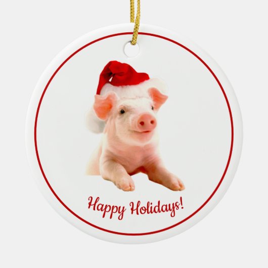 Happy Holidays Pig mit Weihnachtsmannmütze Keramik Ornament (Vorne)