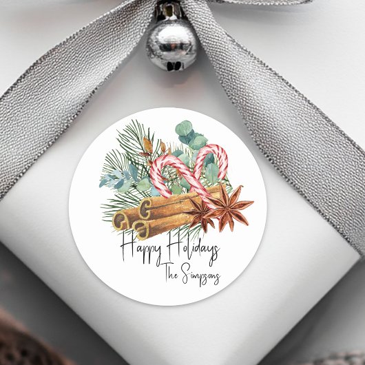 Happy Holidays Pine Candy Cane Bouquet Runder Aufkleber