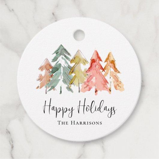 Happy Holidays Pine Tree Watercolor Geschenkanhänger (Vorderseite)