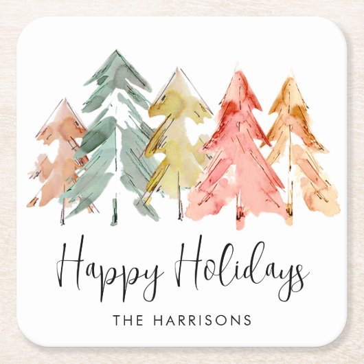 Happy Holidays Pine Trees Wasserfarben Weihnachten Rechteckiger Pappuntersetzer (Vorderseite)