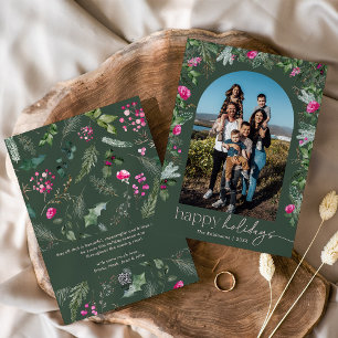 Happy Holidays Pink Green Foliage Arch Foto Feiertagskarte