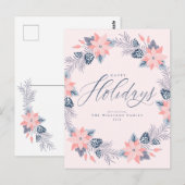 Happy Holidays Pink Poinsettia Wreath Postkarte (Vorne/Hinten)
