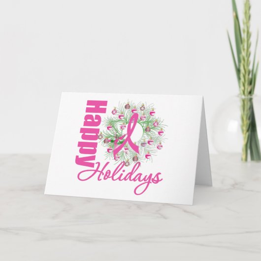 Happy Holidays Pink Ribbon Wreath Feiertagskarte (Vorderseite)