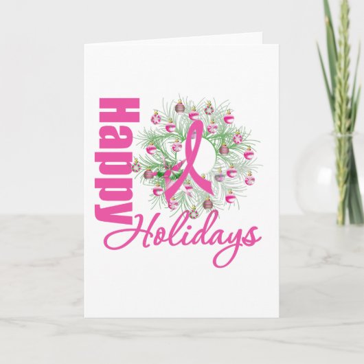 Happy Holidays Pink Ribbon Wreath Feiertagskarte (Vorderseite)