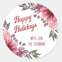 Happy Holidays Pink Roses Burgundy Cosmos