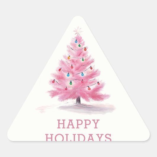 Happy Holidays Pink Weihnachtsbaum Modern Dreieckiger Aufkleber (Vorderseite)