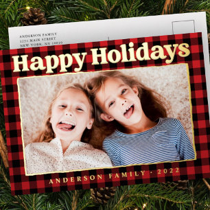 Happy Holidays Plaid Pattern Family Photo Folien Feiertagspostkarte