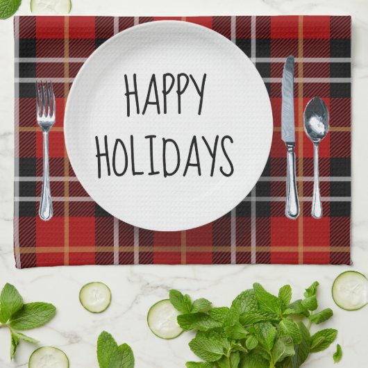Happy Holidays Plate on Tartan Kariert Geschirrtuch (Gefaltet)