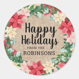 Happy Holidays Poinsettia Brown Burlap Runder Aufkleber
