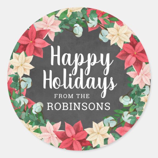 Happy Holidays Poinsettia Chalkboard Runder Aufkleber (Vorderseite)